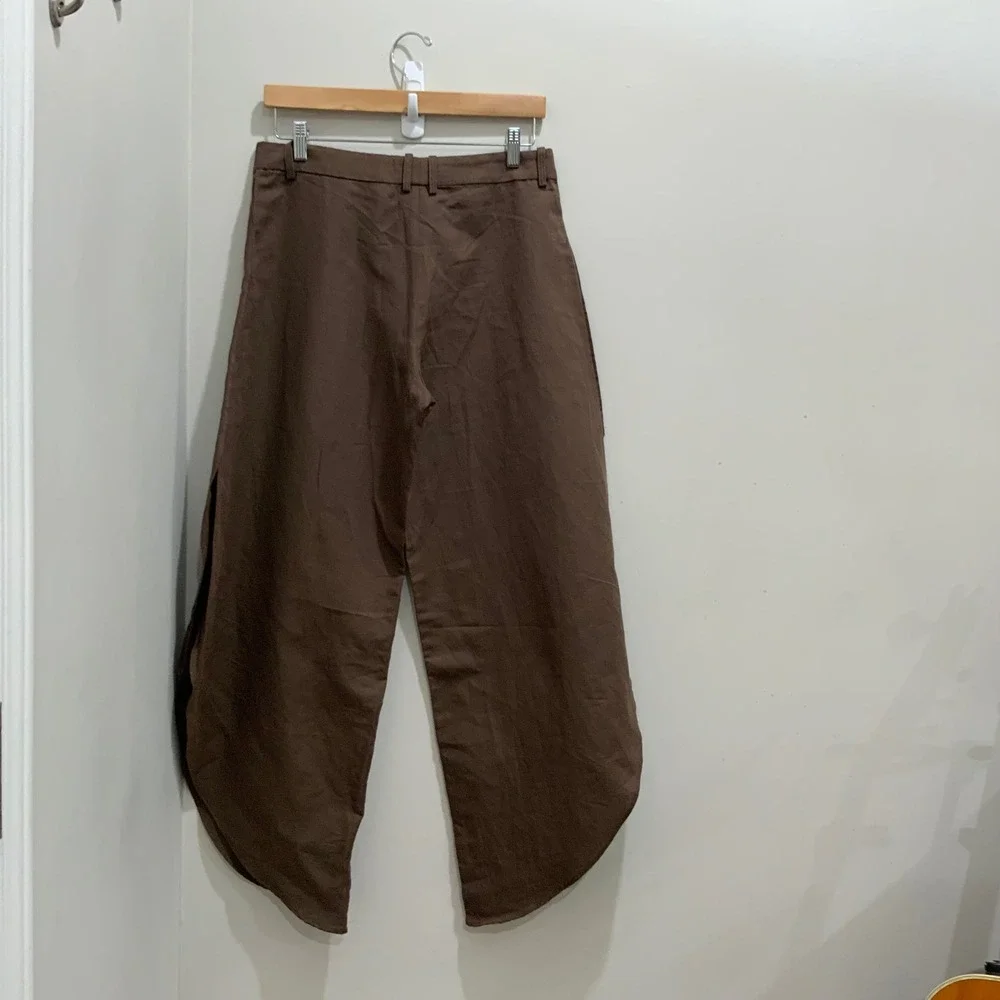 Zara Brown Cotton Linen High Waisted Side Slit Wide Leg Tulip Pants Size M NWT